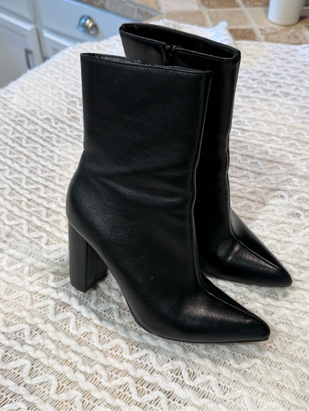 BAMBOO Black Pointed Toe High Block Heel Ankle Boots